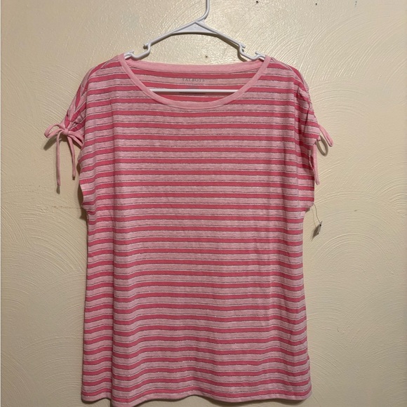 Talbots Tops - Talbots Pink and White Relaxed Tie Front Cap Sleeve Tee